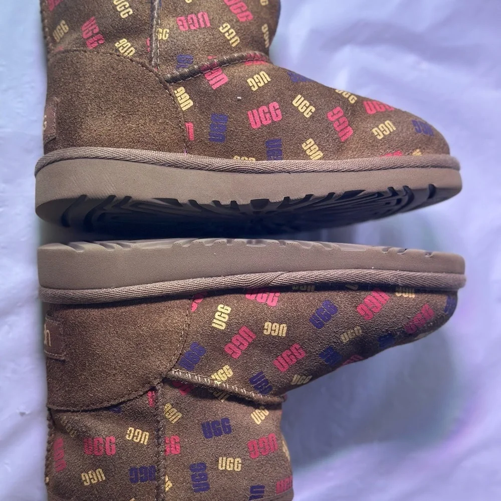 UGG Chestnut Mini Boot with Red, Purple & Gold Logo Print